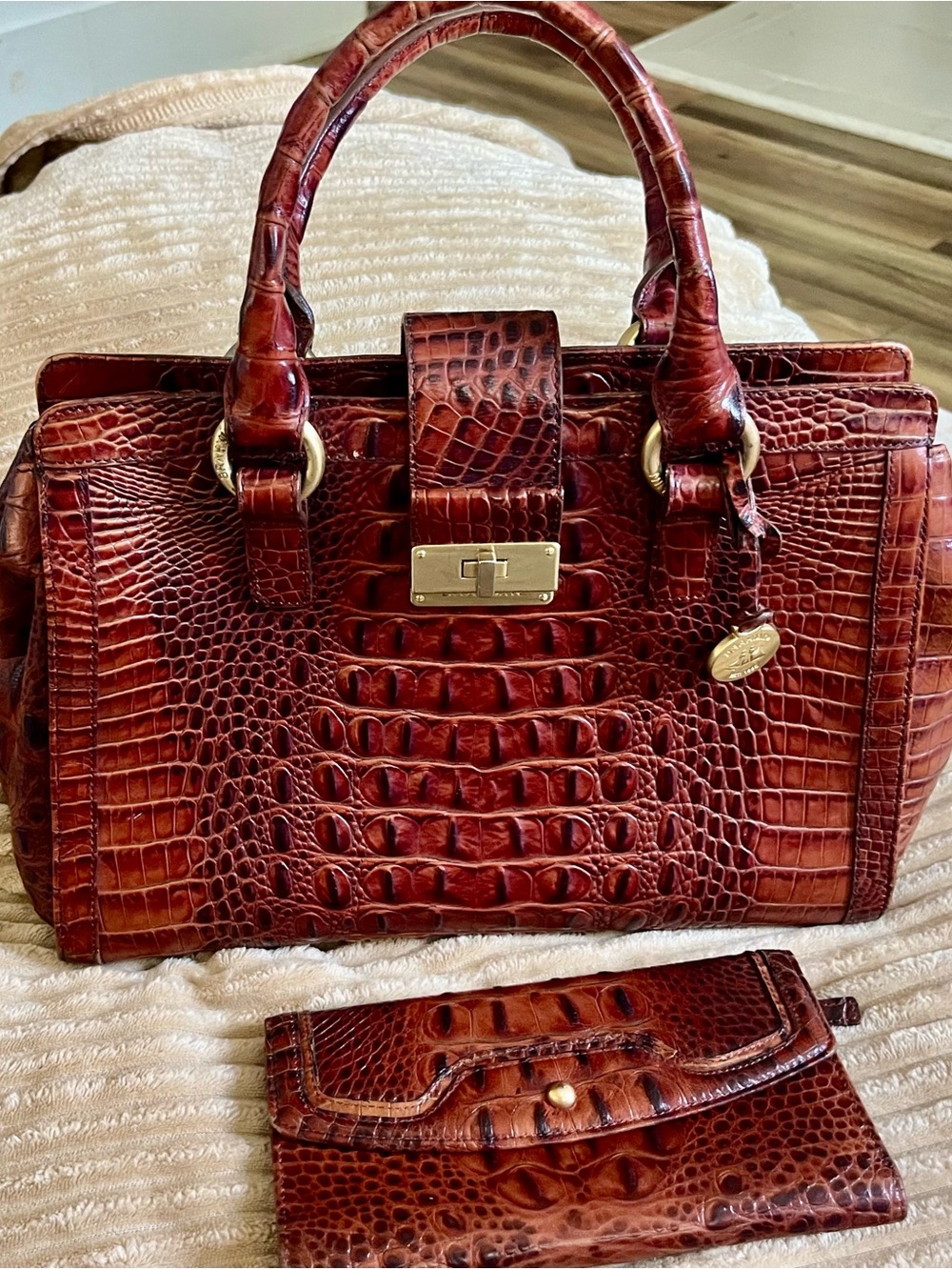 Brahmin Croc-Embossed Satchel in Rich Pecan, plus Wallet